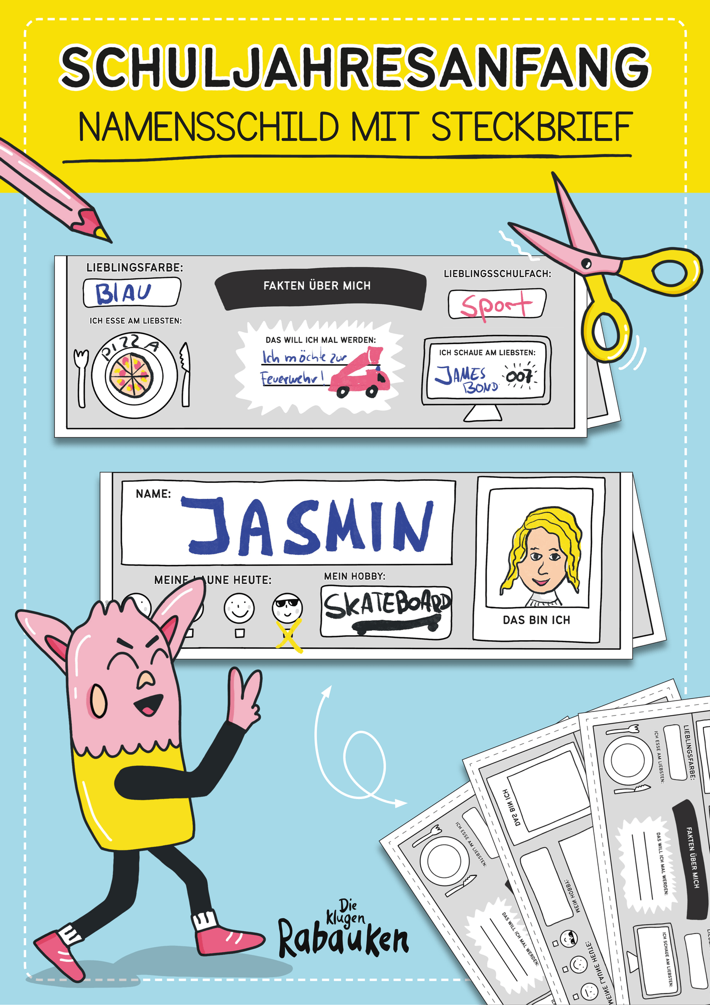 Schulanfang – Namensschild mit Steckbrief zum Schulstart