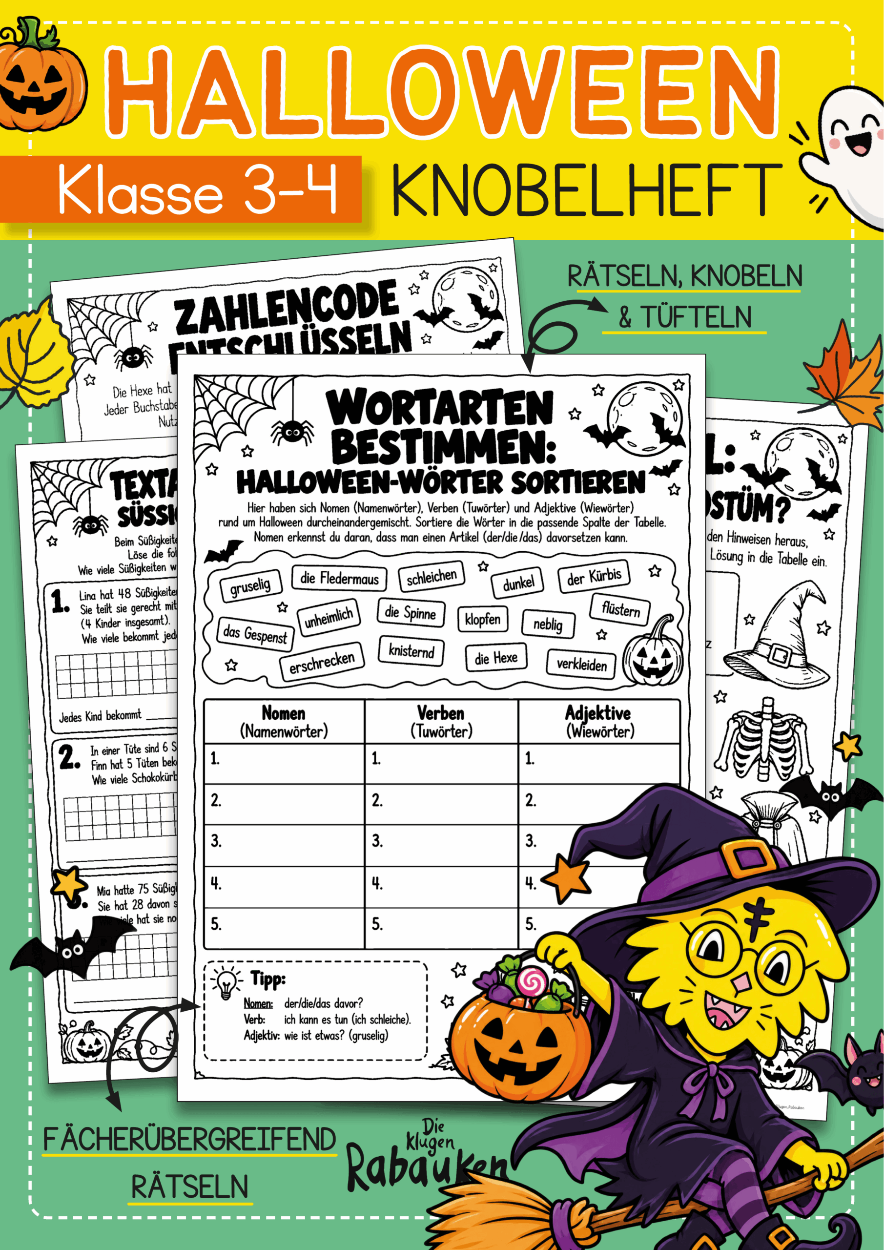 Halloween Arbeitsblätter Klasse 3 und 4 – Knobelheft mit Lösungen
