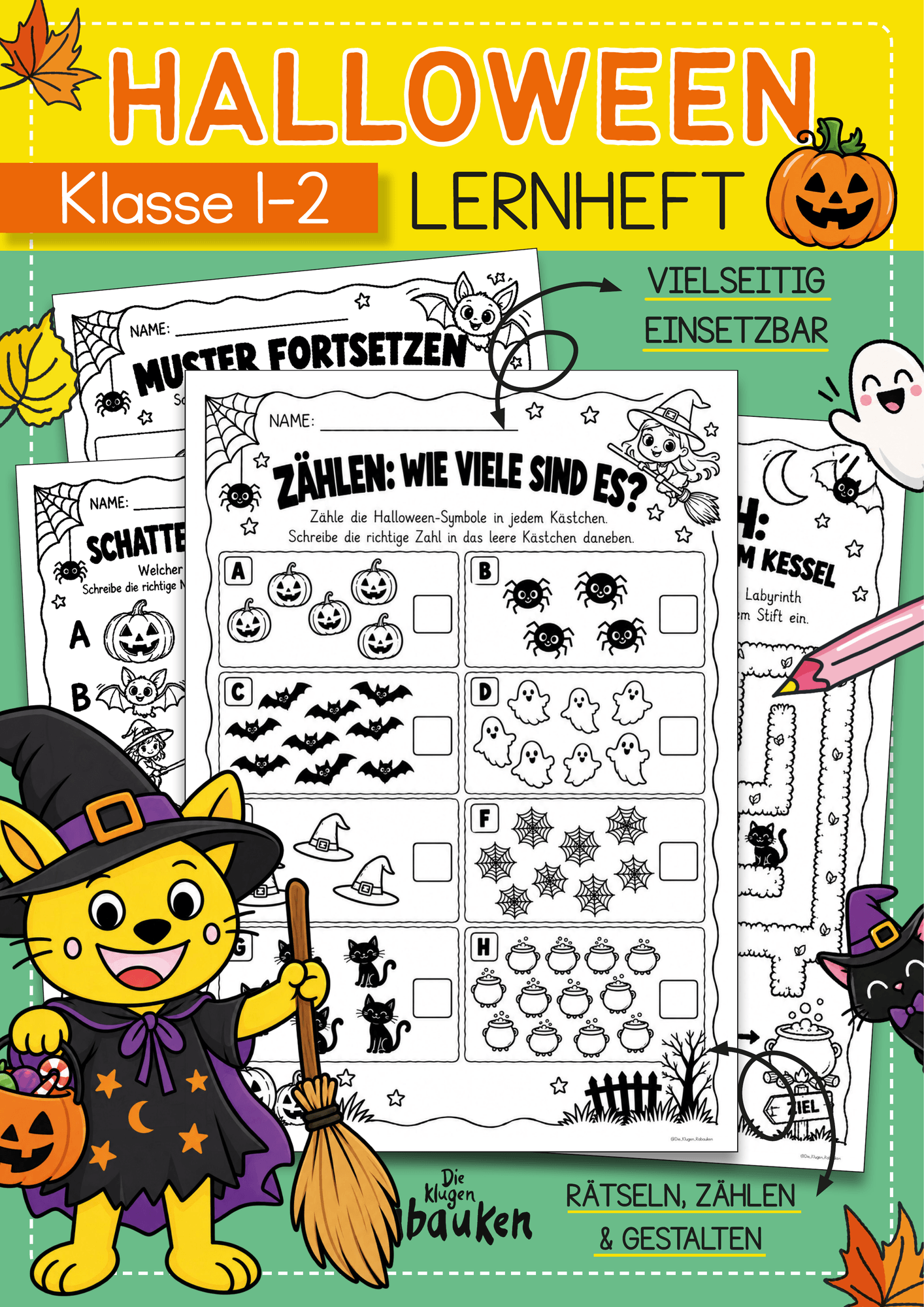 Halloween Arbeitsblätter Klasse 1 und 2 – Lernheft mit Lösungen