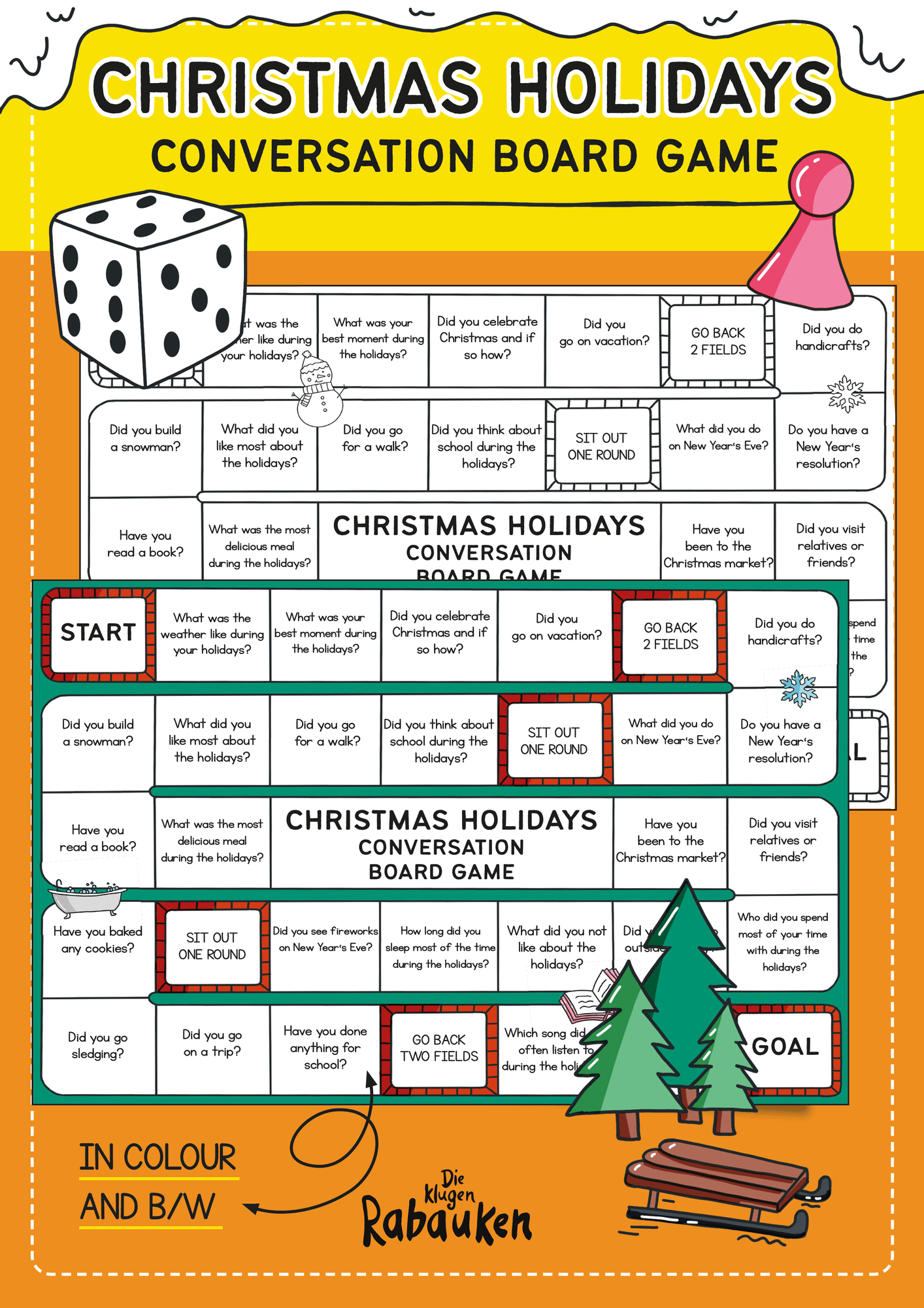 Christmas Holidays Conversation Board Game Cover – Weihnachtsferien Englisch als Brettspiel in Farbe und Schwarz-Weiß