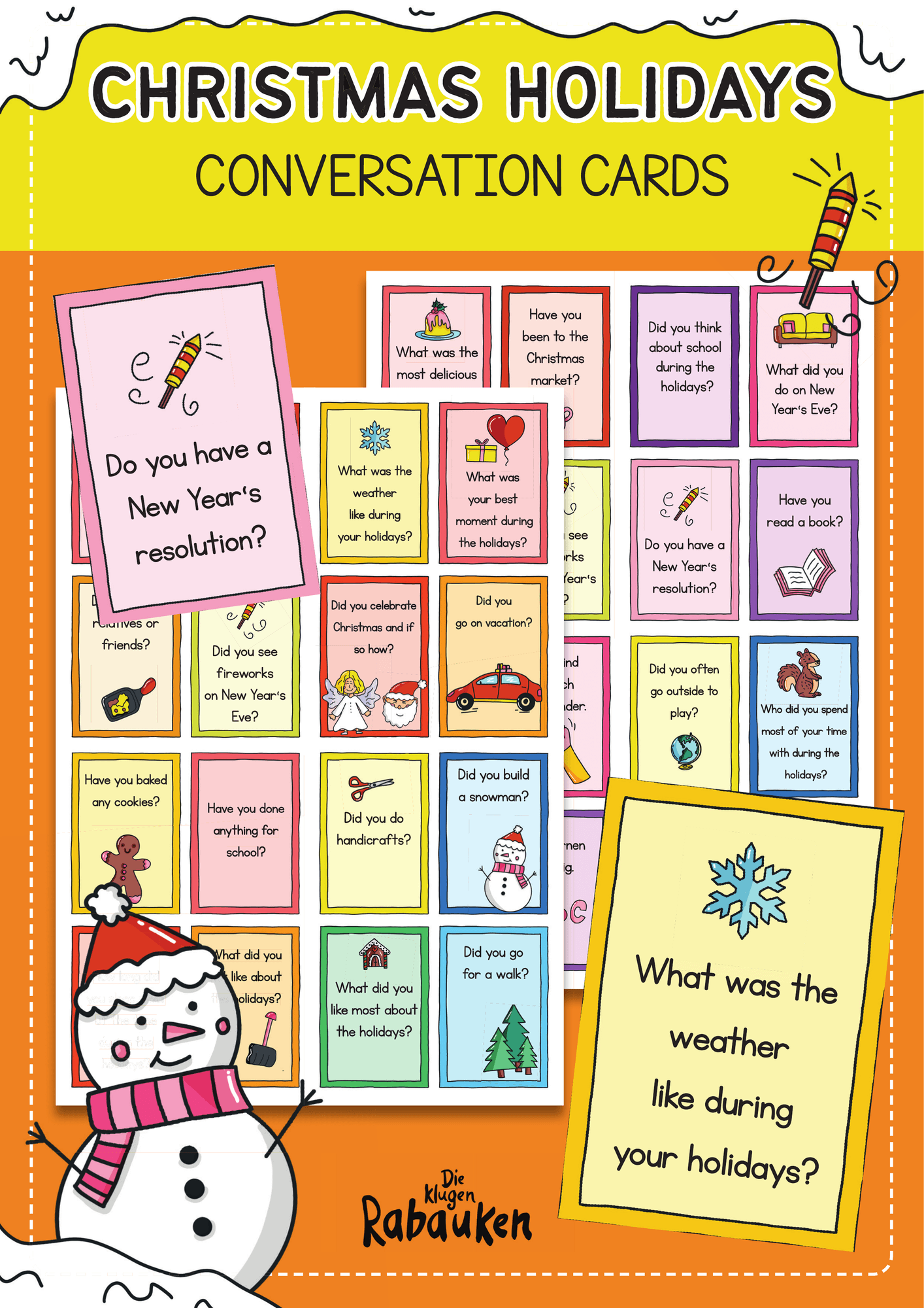 Christmas Holidays Conversation Cards Cover – bunte englische Gesprächskarten mit Fragen zu den Weihnachtsferien