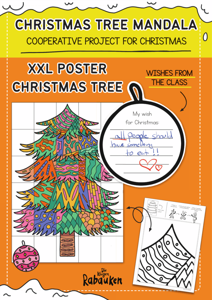 Christmas Tree Mandala Cover – XXL Poster mit bunten Mustern und Wunschkugel „My wish for Christmas“ für den Englischunterricht