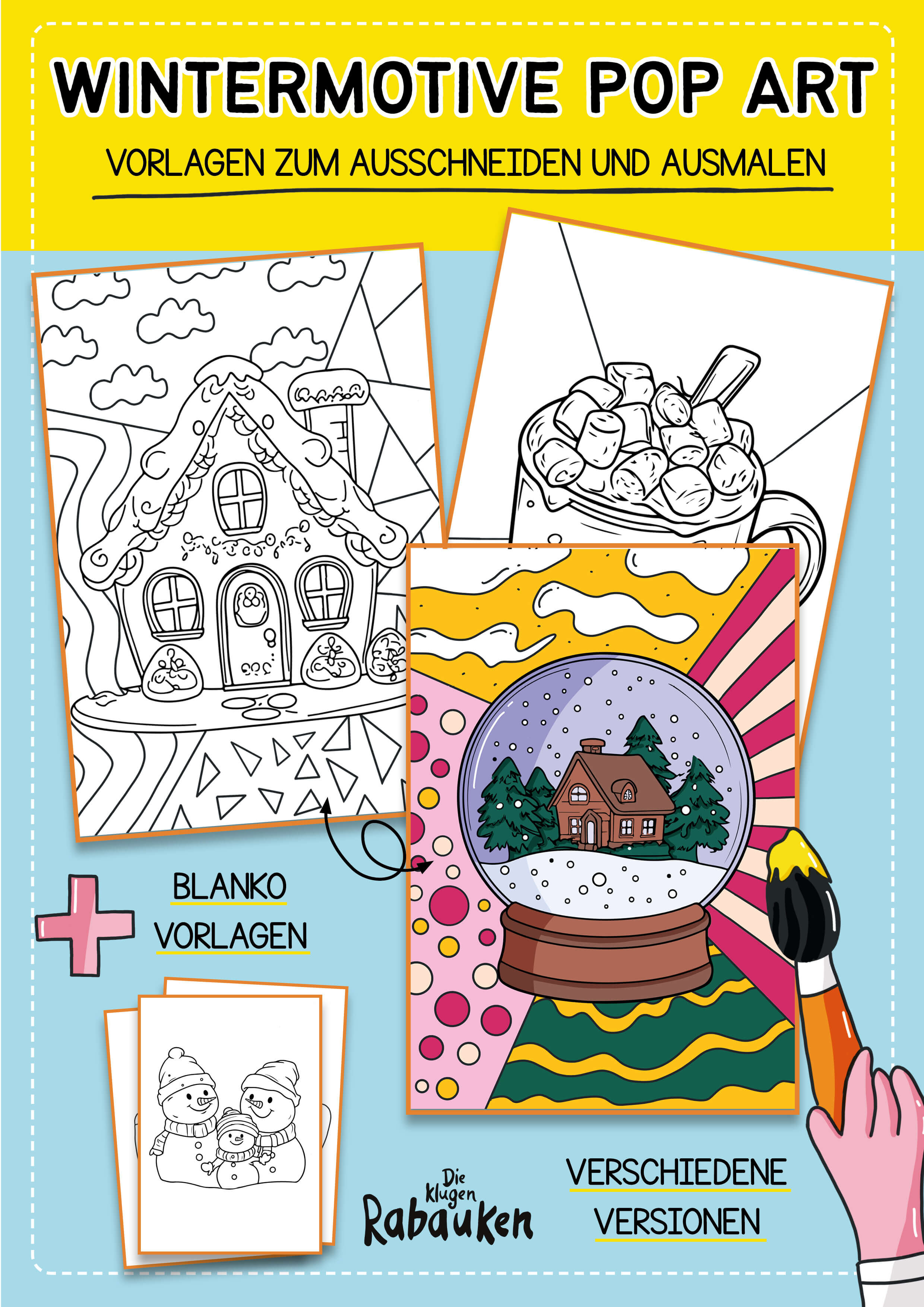 Wintermotive Pop Art Cover – Pop Art Winter Malvorlagen mit Lebkuchenhaus, Kakao, Schneekugel und Blanko-Vorlage