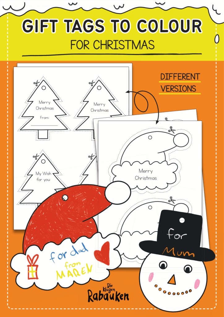 Geschenkanhänger Englisch zum Ausmalen mit Tannenbaum, Weihnachtsmütze und Schneemann - Gift Tags to Colour Cover