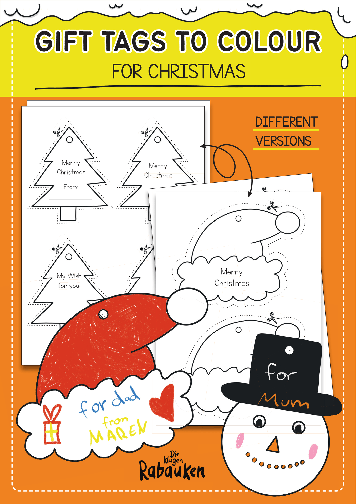 Geschenkanhänger Englisch zum Ausmalen mit Tannenbaum, Weihnachtsmütze und Schneemann - Gift Tags to Colour Cover
