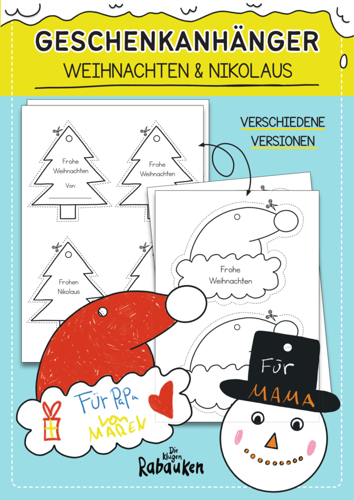 Geschenkanhänger Weihnachten Cover – Bastelvorlagen mit Mütze, Tannenbaum und Schneemann zum Ausmalen