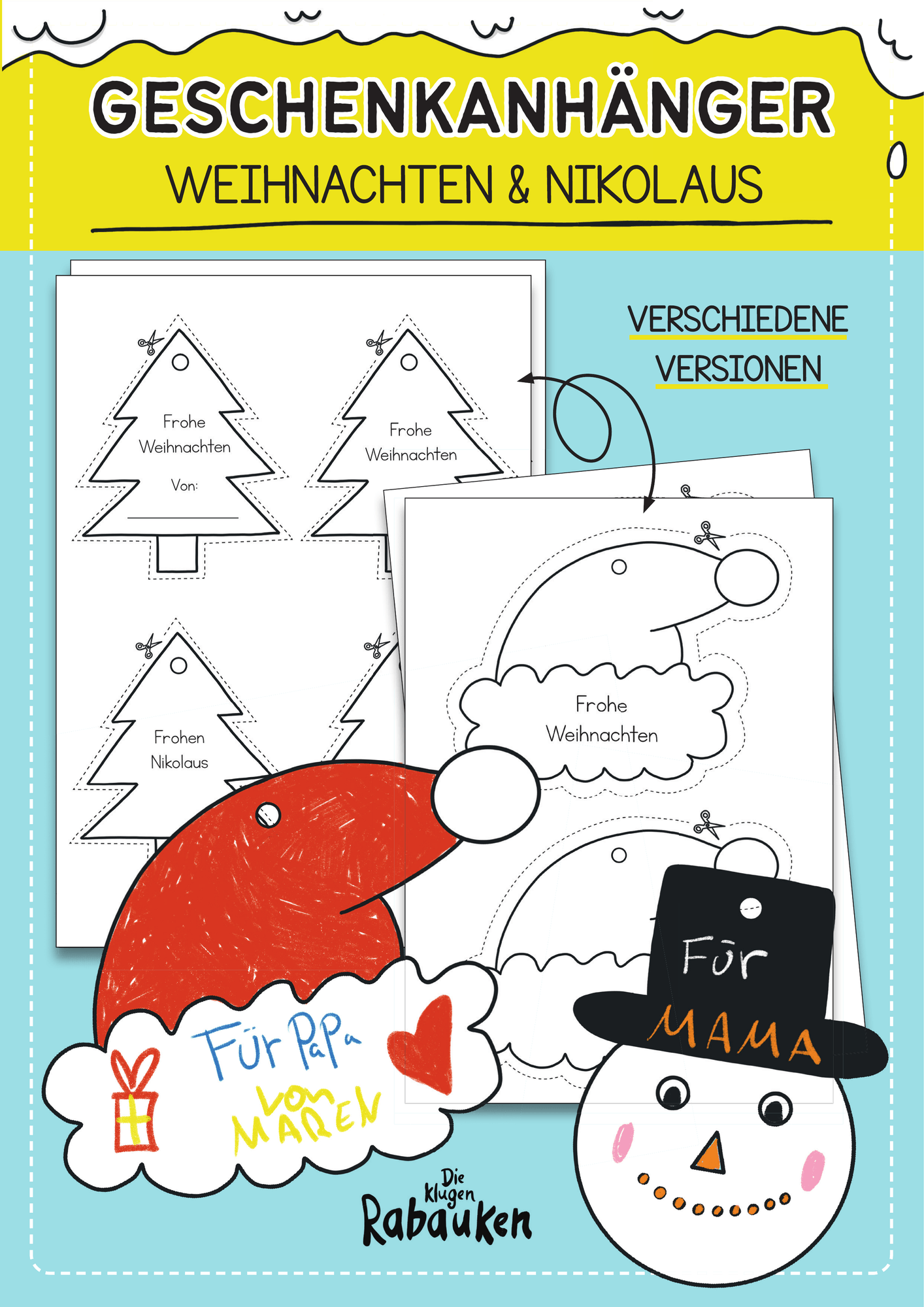 Geschenkanhänger Weihnachten Cover – Bastelvorlagen mit Mütze, Tannenbaum und Schneemann zum Ausmalen