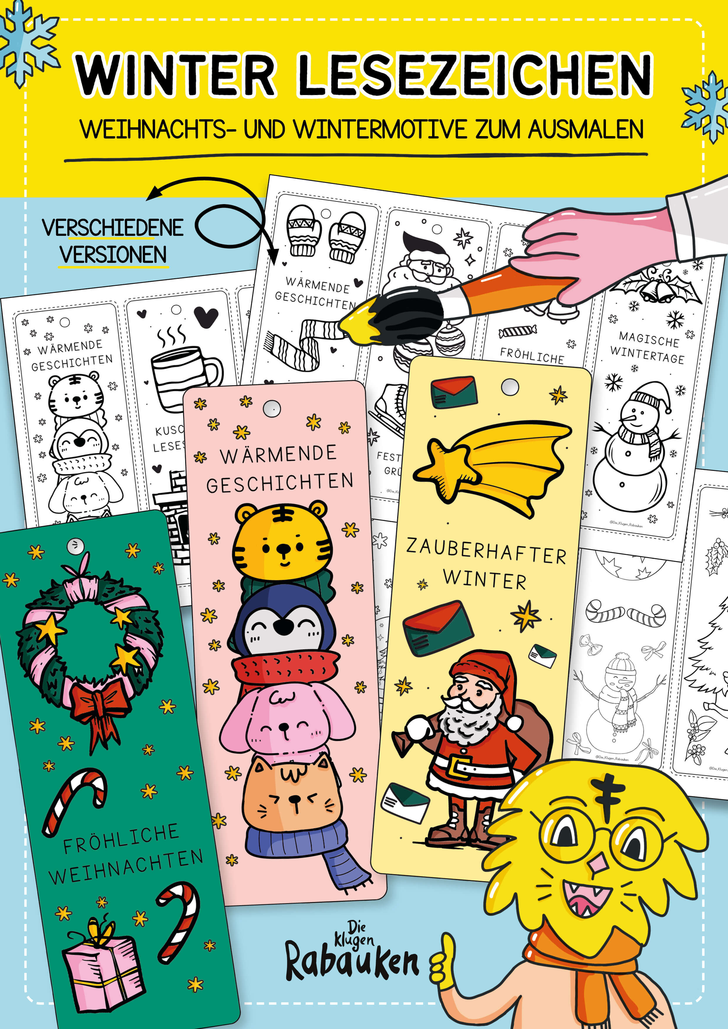 Winter Lesezeichen Cover – Lesezeichen zum Ausmalen mit Weihnachtsmann, Tierturm, Kranz und Schneemann