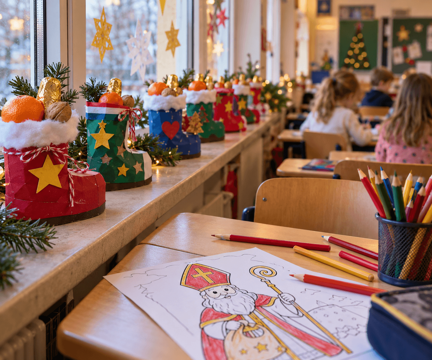 Nikolaus Unterrichtsmaterial in der Grundschule – gebastelte Nikolausstiefel auf der Fensterbank