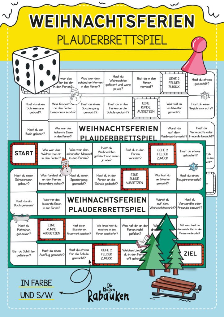 Weihnachtsferien Plauderbrettspiel Cover – Weihnachtsferien Plauderbrettspiel mit Fragen zu den Ferien in Farbe und Schwarz-Weiß