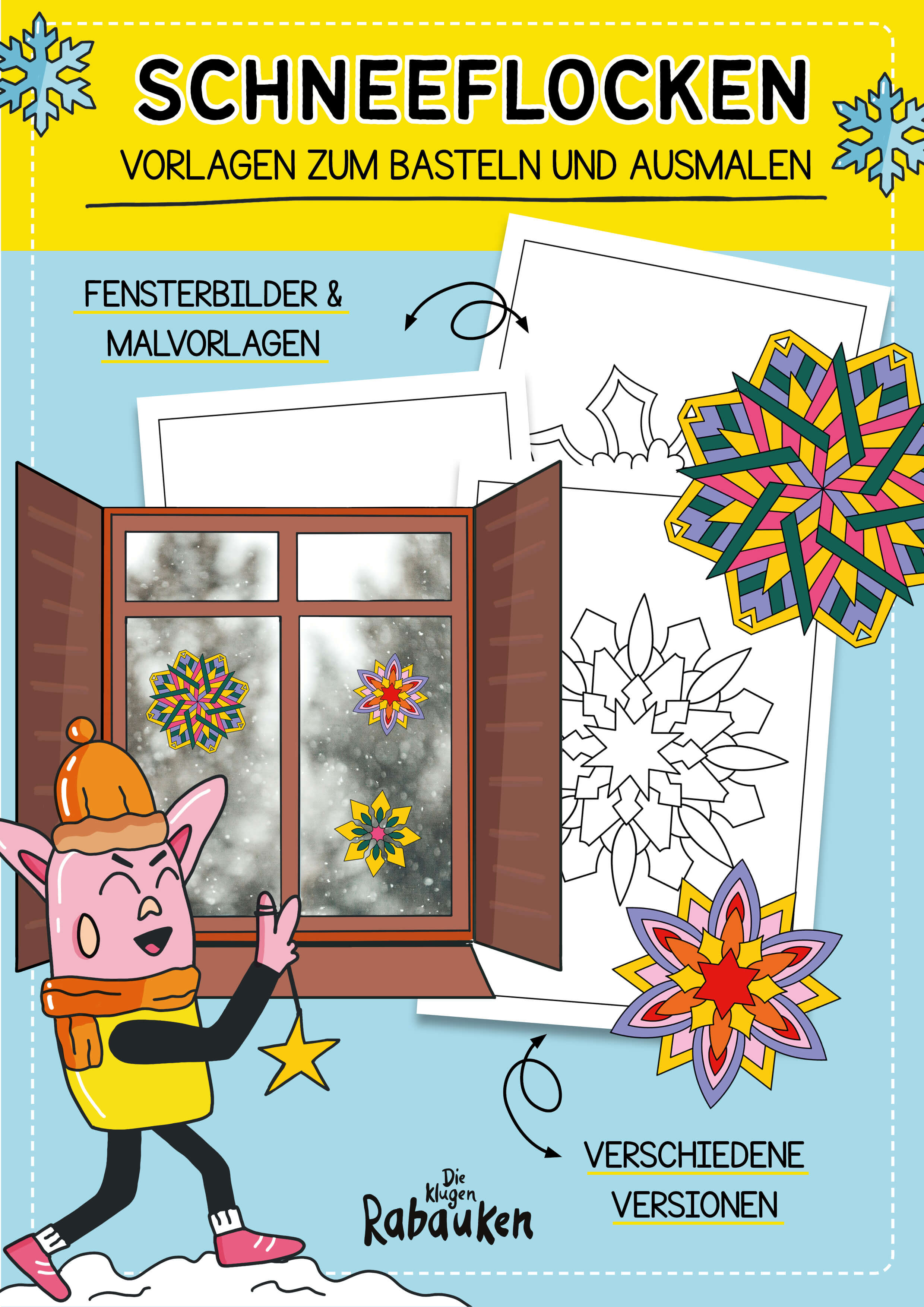 Schneeflocken Cover – Schneeflocken ausmalen mit Malvorlagen und bunten Fensterbildern am Fenster