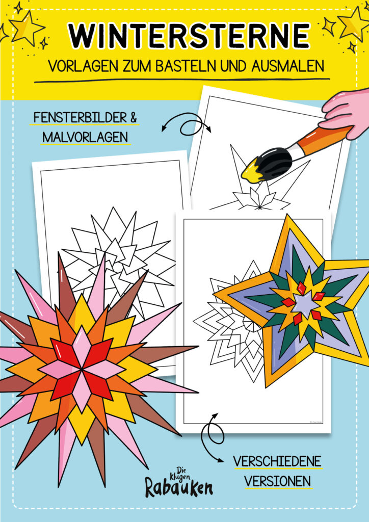 Wintersterne Cover – Sterne ausmalen mit geometrischen Malvorlagen und bunten Fensterbildern