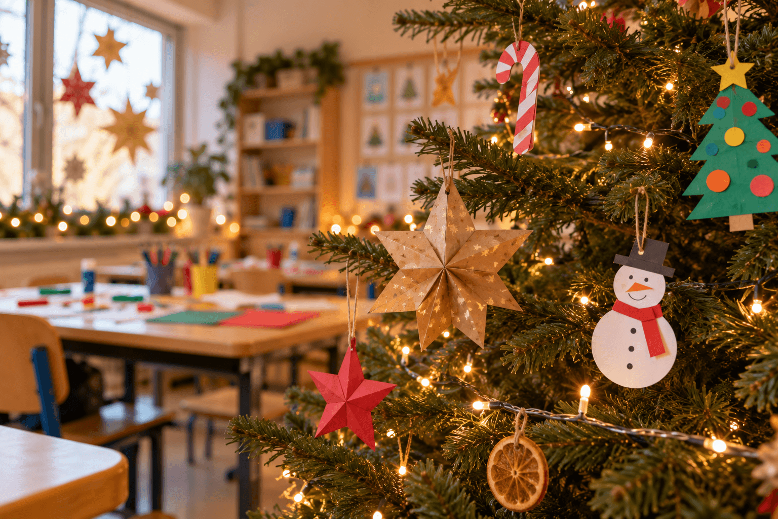 Weihnachten Unterrichtsmaterial mit einem Weihnachtsbaum im Klassenzimmer