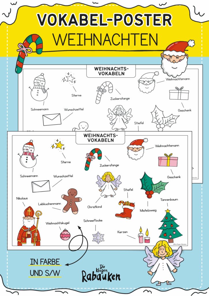 Weihnachtsvokabeln – Wortschatz Weihnachten mit Bildern zum Beschriften für die Grundschule