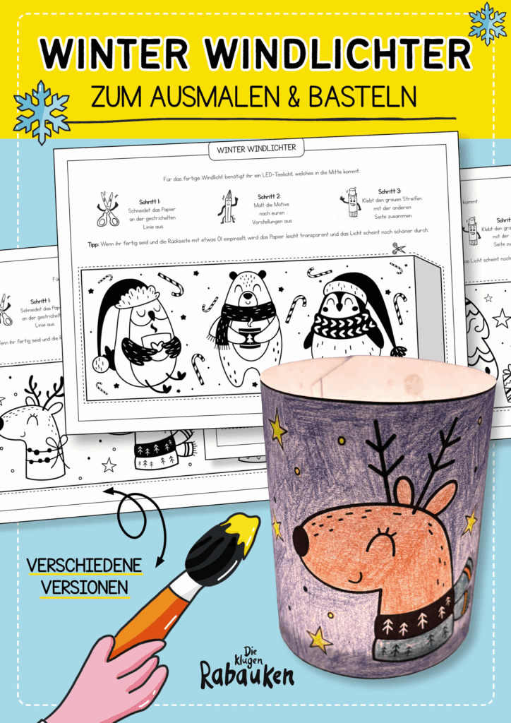 Winter Windlichter Cover – Windlicht Vorlage mit Wintertieren zum Ausmalen und leuchtendem Rentier-Windlicht
