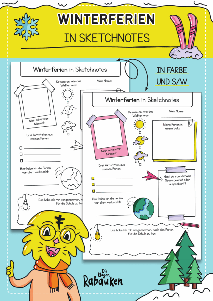 Winterferien in Sketchnotes Cover – Winterferien Sketchnotes als Ferienrückblick in Farbe und Schwarz-Weiß