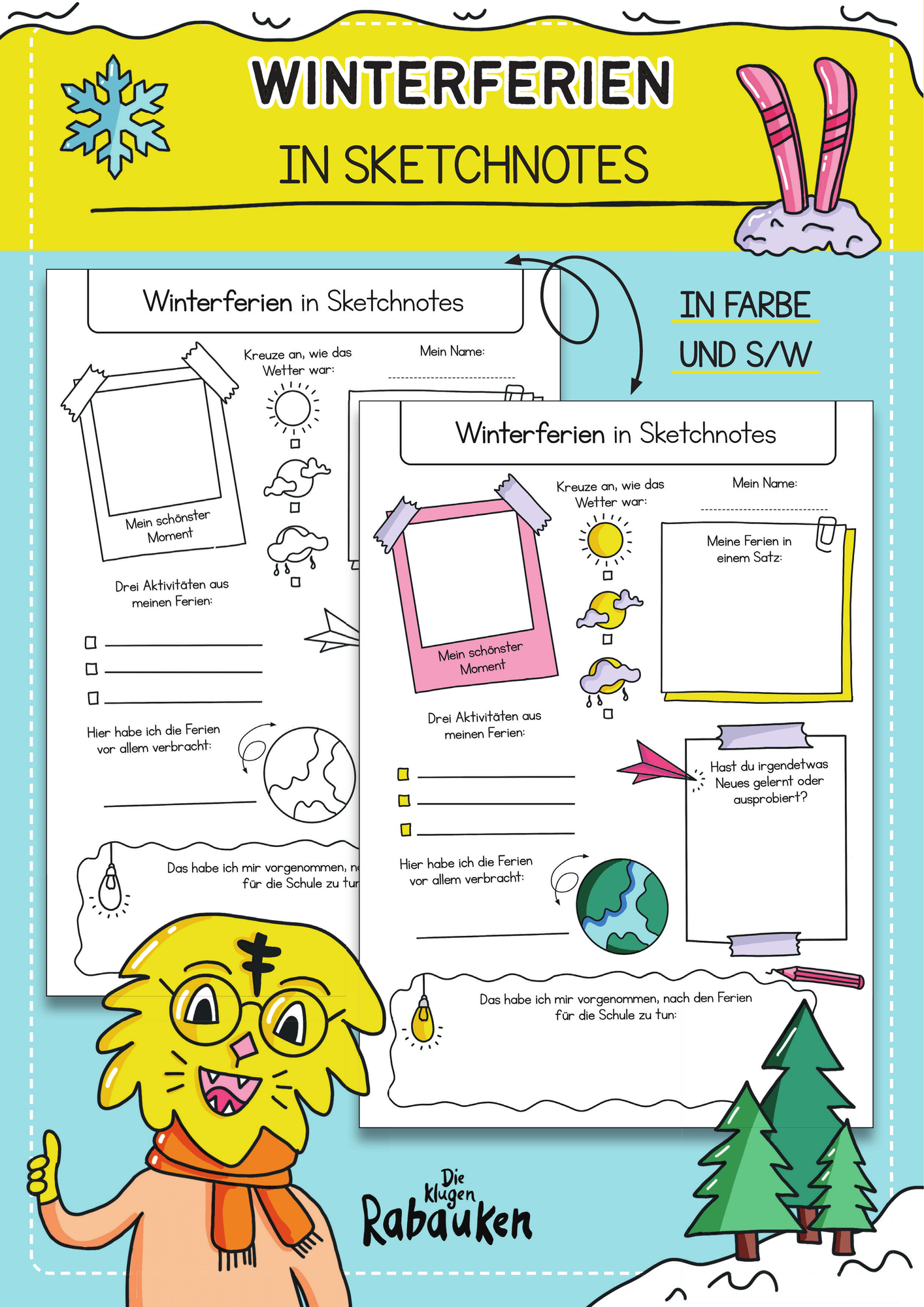 Winterferien in Sketchnotes Cover – Winterferien Sketchnotes als Ferienrückblick in Farbe und Schwarz-Weiß