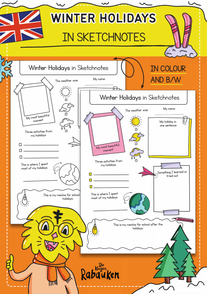 Winter Holidays in Sketchnotes Cover – Winterferien Englisch als Ferienrückblick in Farbe und Schwarz-Weiß