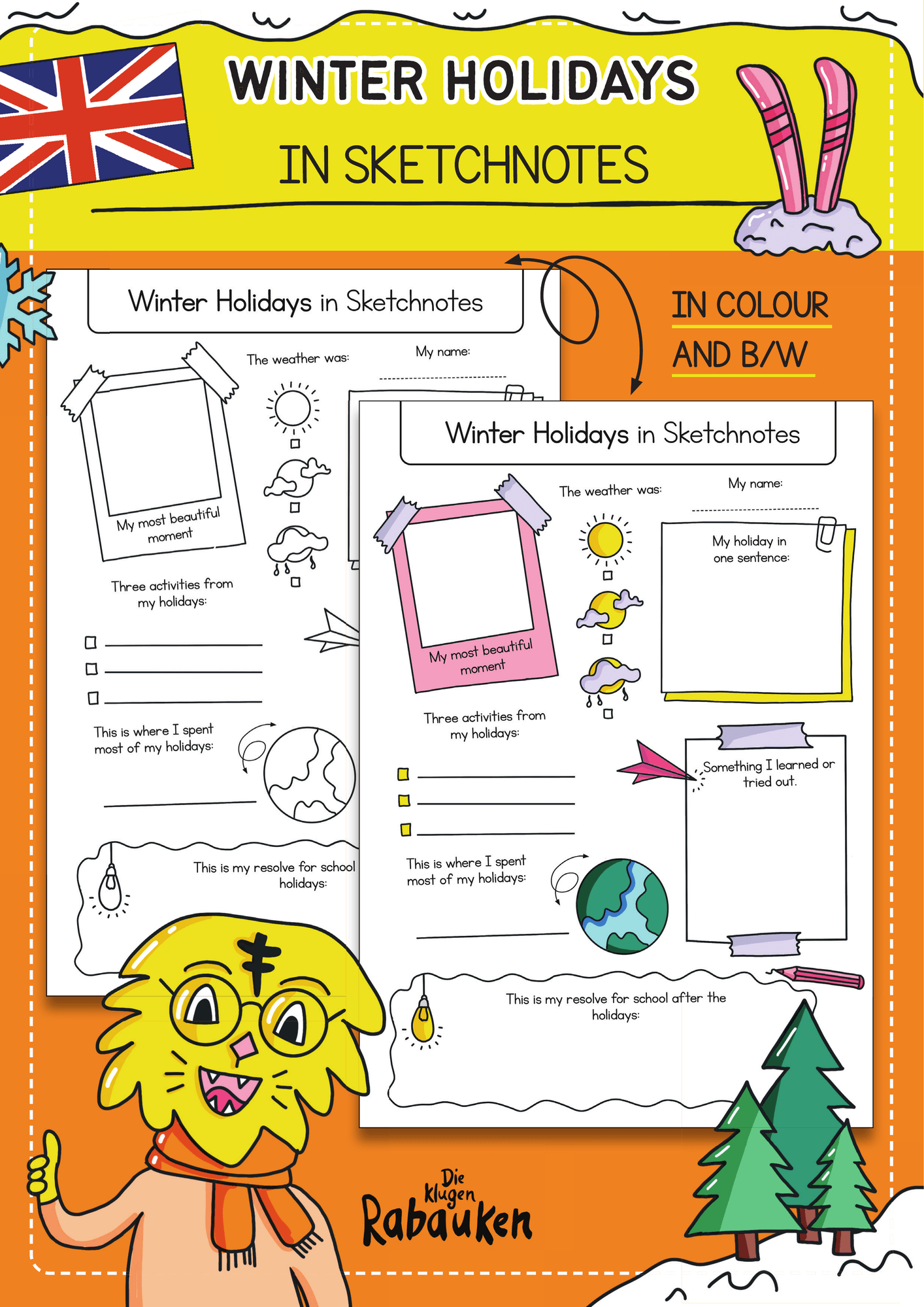 Winter Holidays in Sketchnotes Cover – Winterferien Englisch als Ferienrückblick in Farbe und Schwarz-Weiß