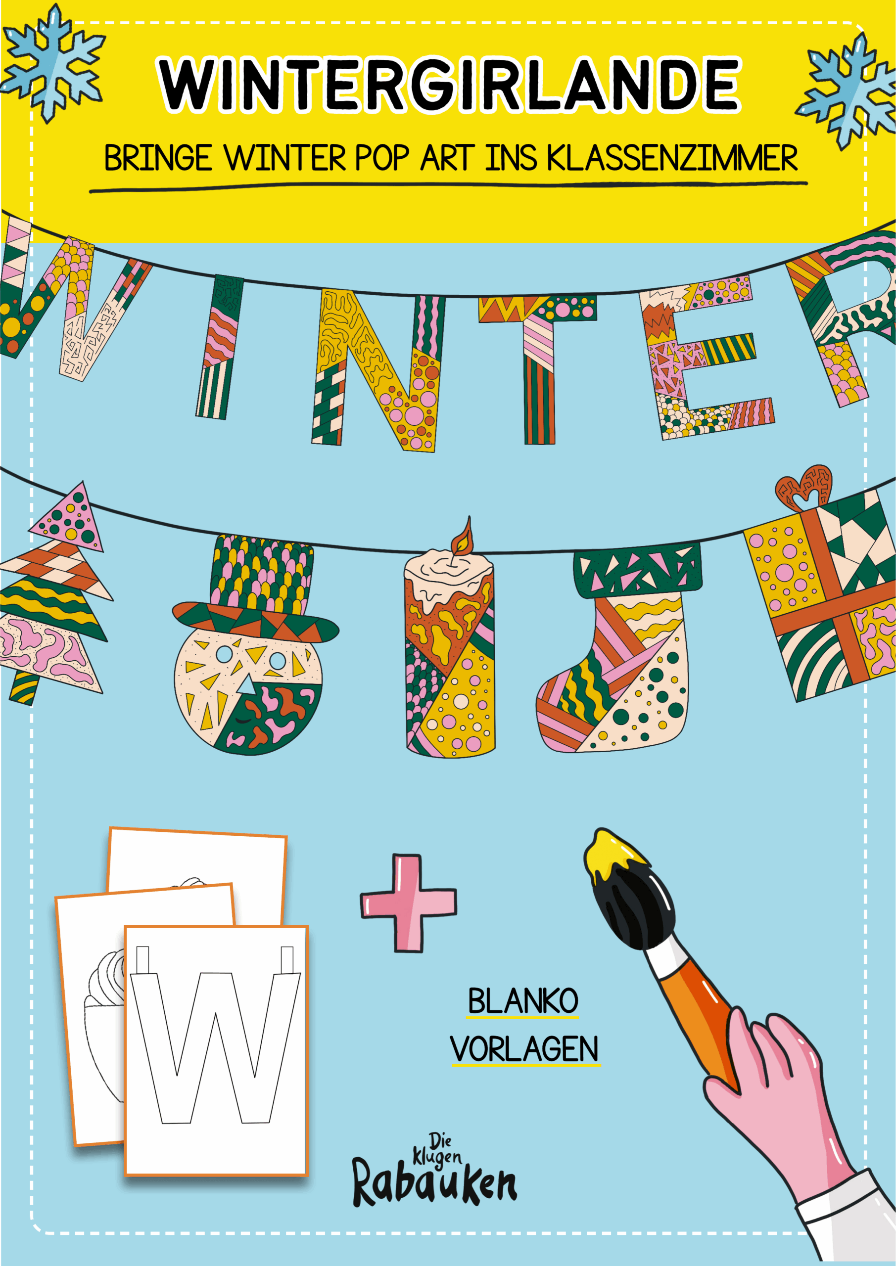 Wintergirlande Cover – Winter Girlande mit Pop-Art-Buchstaben, Tannenbaum, Schneemann, Kerze, Stiefel und Geschenk