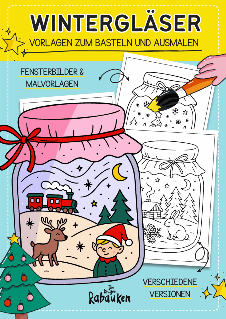 Wintergläser Cover – Fensterbilder Winter zum Ausmalen mit Rentier, Wichtel, Schneehase und Winterhütte