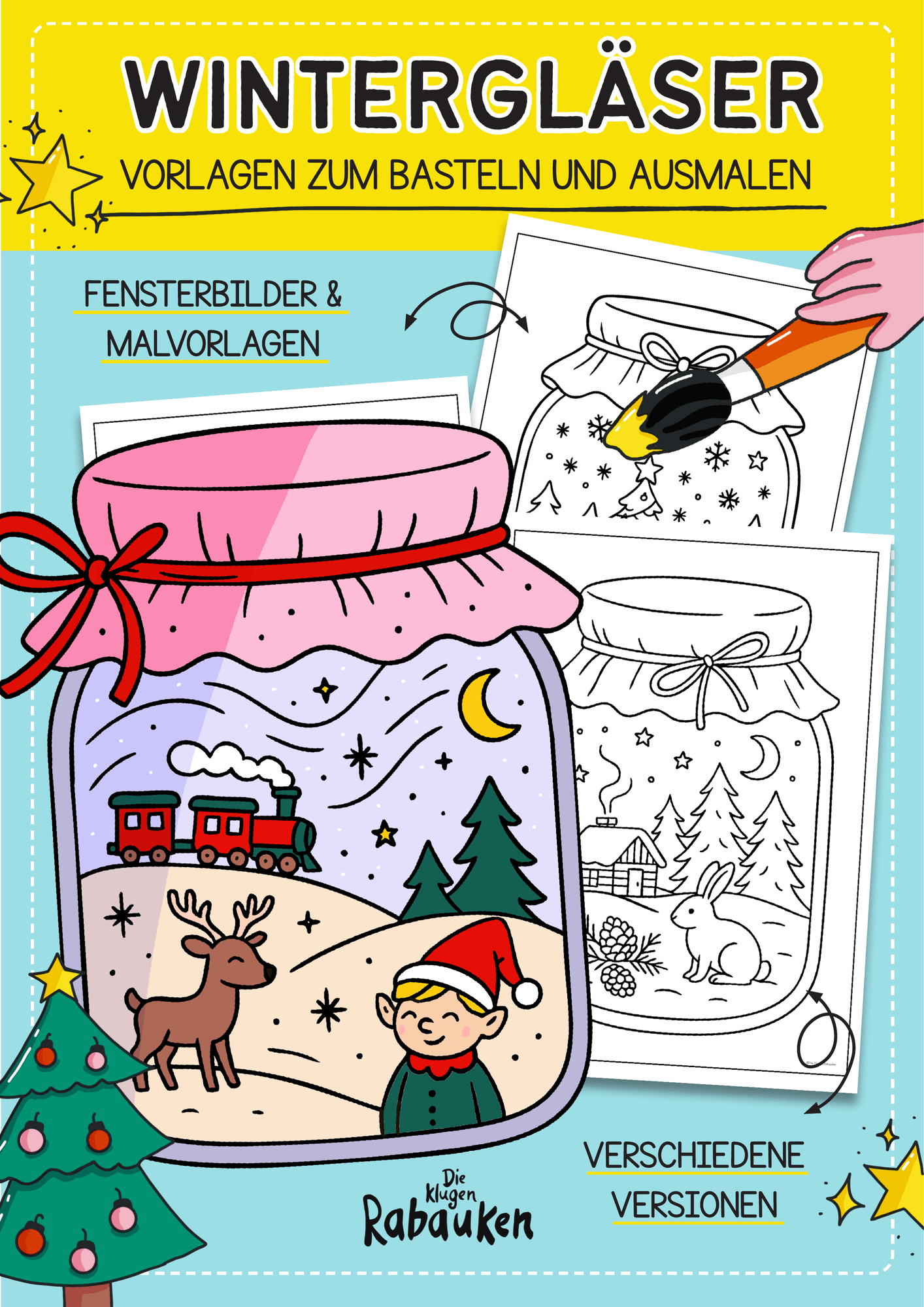 Wintergläser Cover – Fensterbilder Winter zum Ausmalen mit Rentier, Wichtel, Schneehase und Winterhütte